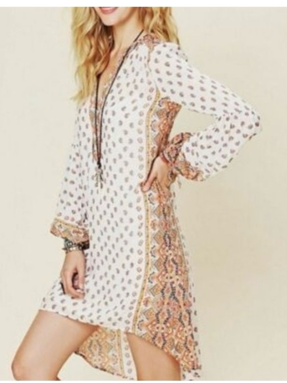 Free People White Shift Dress with Tan & Rust Border Print